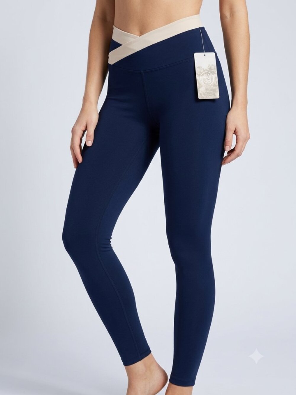 NWT Sage Collective Crossover Waistband Leggings - NWT, Size L, Navy & Beige